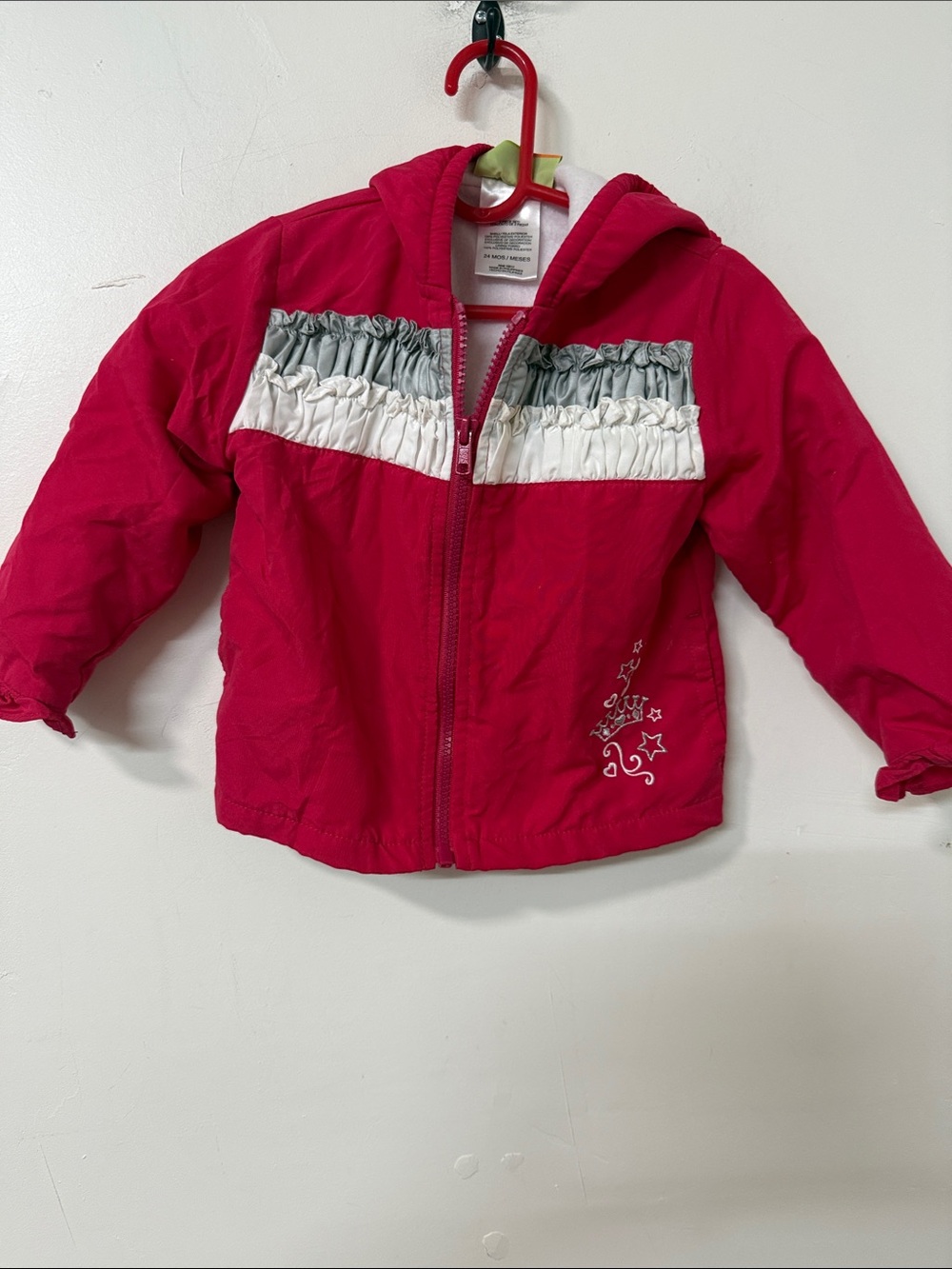 Penelope Mack Hot Pink Hooded Jacket with White & Gray Ruffles